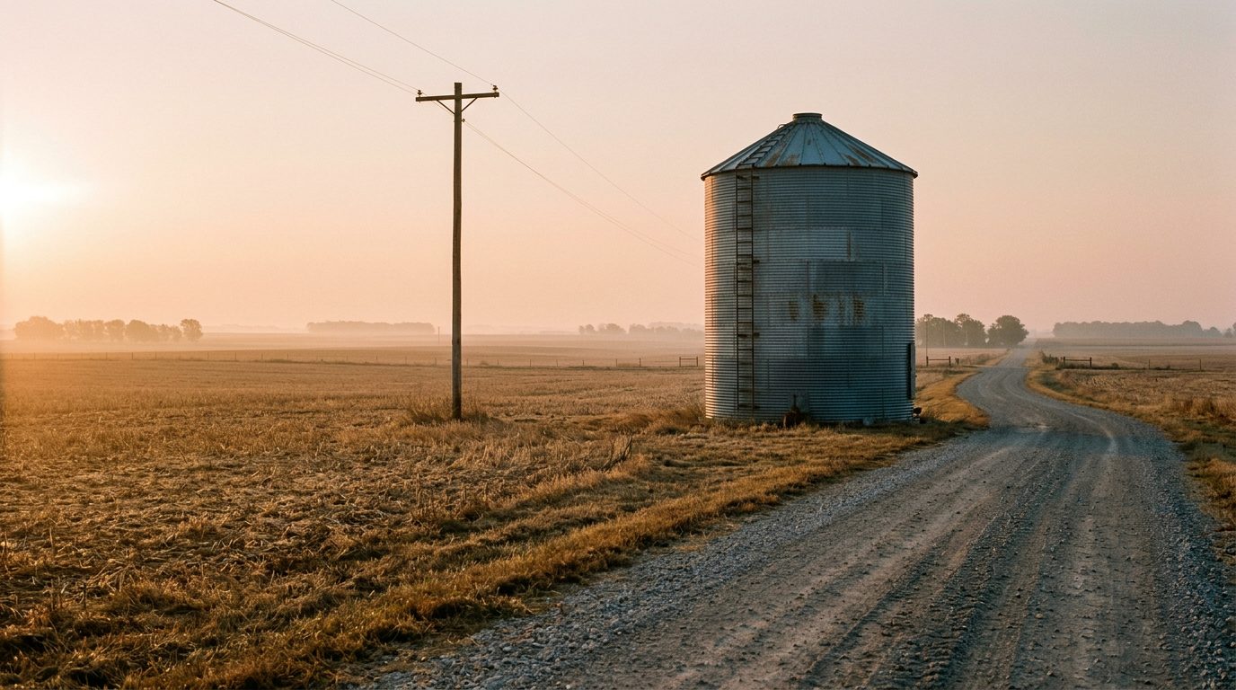 A galvanized steel grain bin standing alone beside a gravel county road at sunrise, stubble field to the left, one telephone pole, low mist on the horizon.